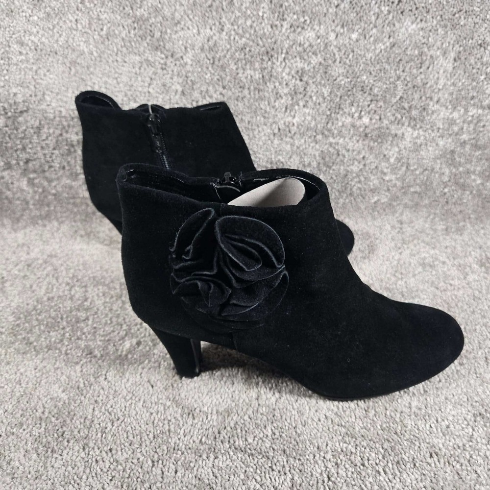 Laura Ashley Sophie Ankle Boots Black Floral Rosette Suede Heeled Womens 7.5M